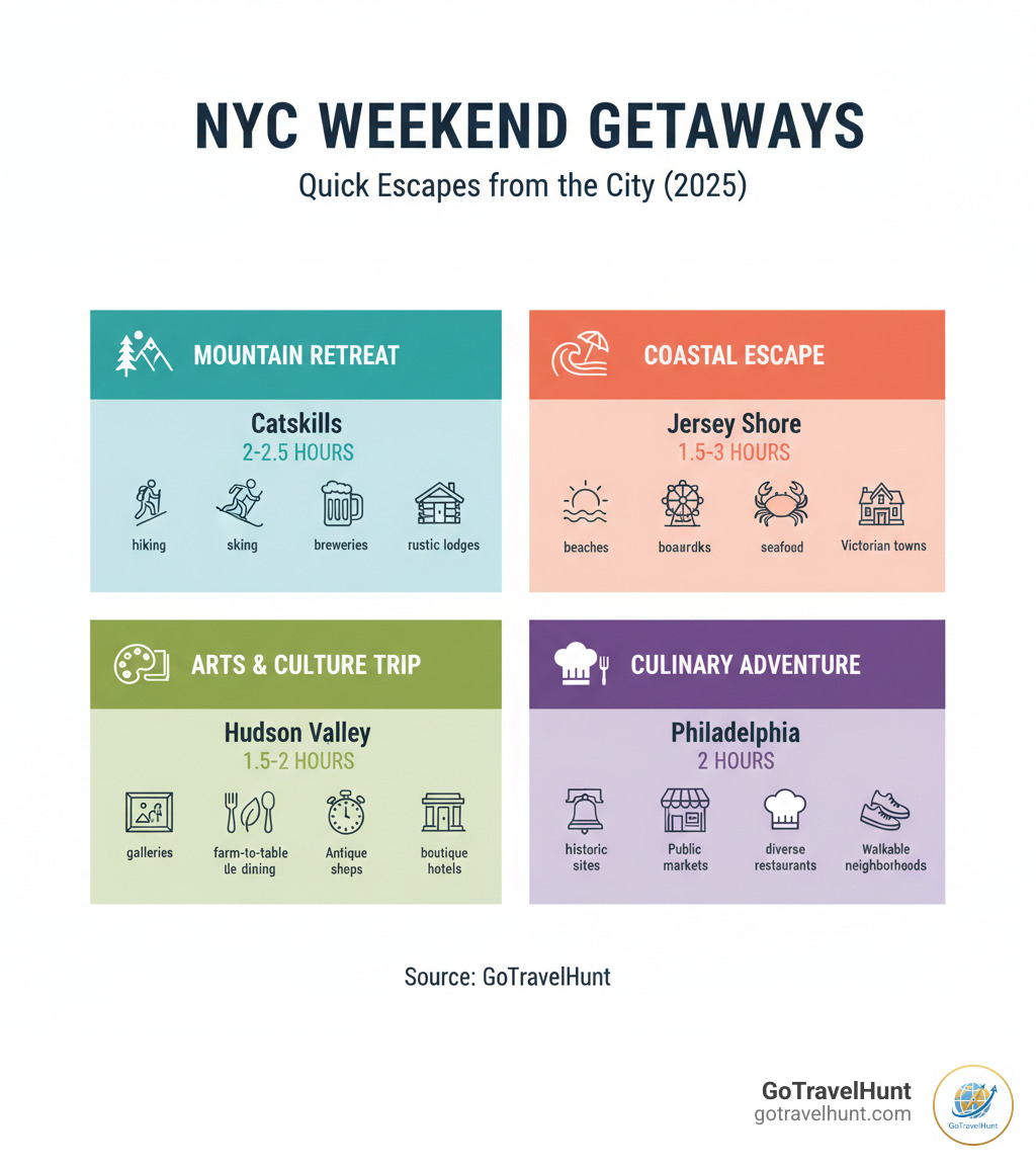 Infographic showing four types of weekend getaways from NYC: Mountain Retreat (Catskills - hiking, skiing, breweries, rustic lodges), Coastal Escape (Jersey Shore - beaches, boardwalks, seafood, Victorian towns), Arts & Culture Trip (Hudson Valley - galleries, farm-to-table dining, antique shops, boutique hotels), and Culinary Adventure (Philadelphia - historic sites, public markets, diverse restaurants, walkable neighborhoods). Each type includes approximate drive times and key attractions. - weekend getaways from nyc infographic  Infographic showing four types of weekend getaways from NYC: Mountain Retreat (Catskills - hiking, skiing, breweries, rustic lodges), Coastal Escape (Jersey Shore - beaches, boardwalks, seafood, Victorian towns), Arts & Culture Trip (Hudson Valley - galleries, farm-to-table dining, antique shops, boutique hotels), and Culinary Adventure (Philadelphia - historic sites, public markets, diverse restaurants, walkable neighborhoods). Each type includes approximate drive times and key attractions. - weekend getaways from nyc infographic