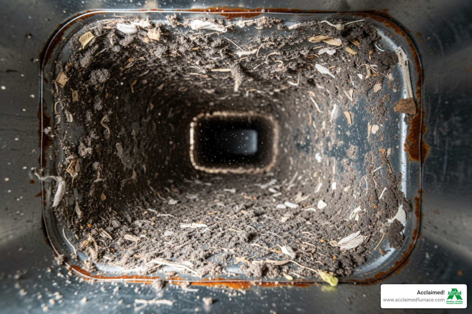 Image of dust and debris inside a dirty air duct before cleaning - duct cleaning edmonton ab