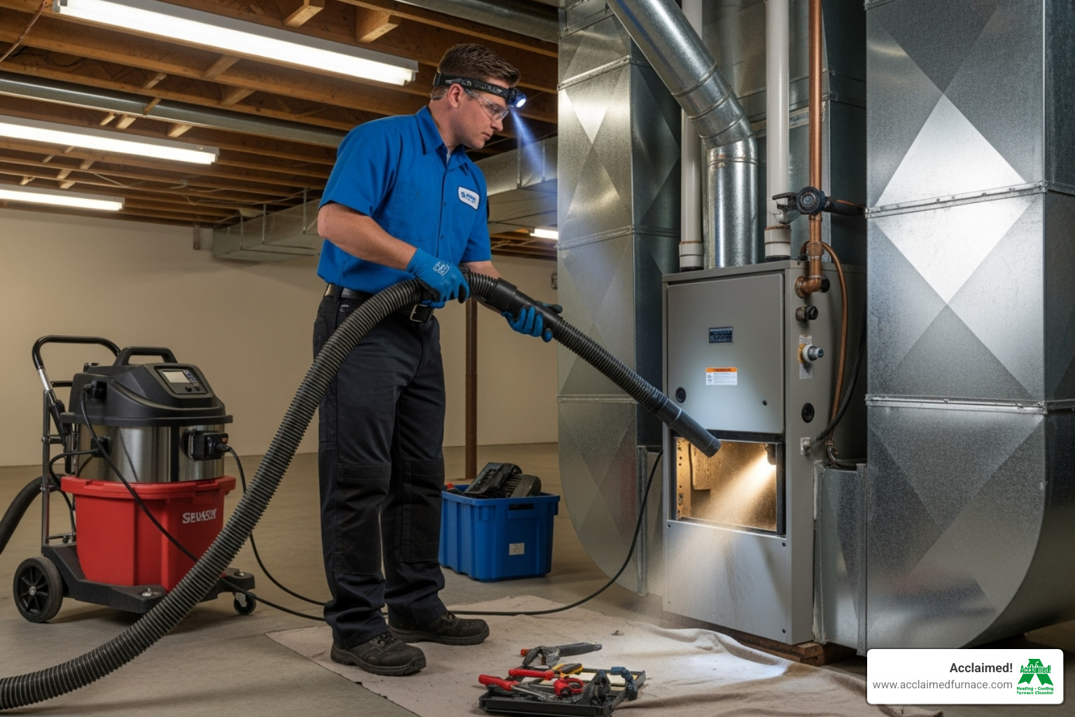 Image of a uniformed technician working with a high-powered vacuum hose connected to a furnace - duct cleaning edmonton ab