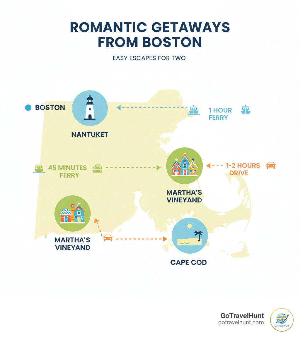 Infographic showing a map of Boston with three destinations: Nantucket (1 hour ferry southeast), Martha's Vineyard (45 minutes ferry south), and Cape Cod (1-2 hours drive southeast). Each location includes a small icon of its signature feature: a lighthouse for Nantucket, gingerbread cottages for Martha's Vineyard, and a beach scene for Cape Cod. Travel times and transportation methods are clearly marked with arrows. - romantic getaways near me infographic  Infographic showing a map of Boston with three destinations: Nantucket (1 hour ferry southeast), Martha's Vineyard (45 minutes ferry south), and Cape Cod (1-2 hours drive southeast). Each location includes a small icon of its signature feature: a lighthouse for Nantucket, gingerbread cottages for Martha's Vineyard, and a beach scene for Cape Cod. Travel times and transportation methods are clearly marked with arrows. - romantic getaways near me infographic