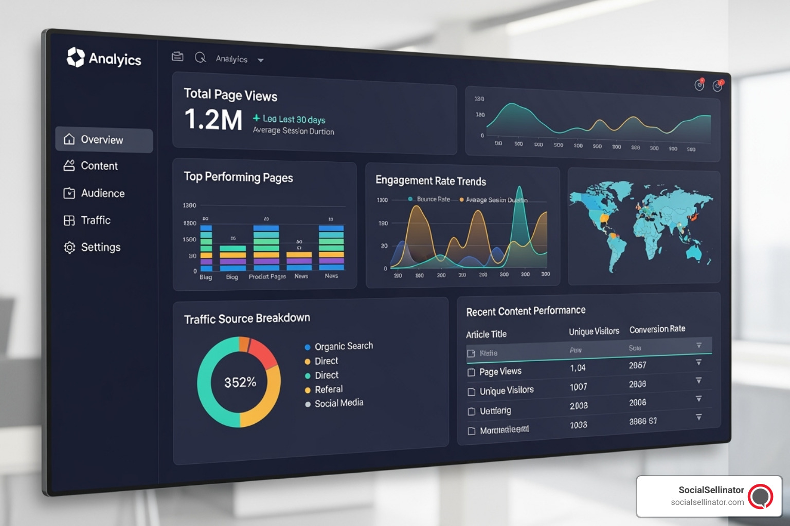 A clean, modern analytics dashboard showing various website content performance metrics with colorful charts and graphs. - web content services