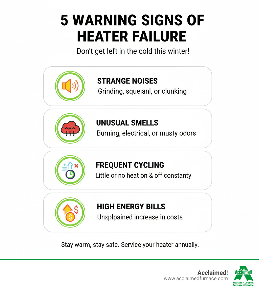 infographic showing 5 warning signs of heater failure: strange grinding or squealing noises, unusual burning smells, weak or no airflow from vents, furnace cycling on and off frequently, and unexplained increases in energy bills - "My heater broke down. Can you find emergency heating repair services in Northern Alberta?" infographic 