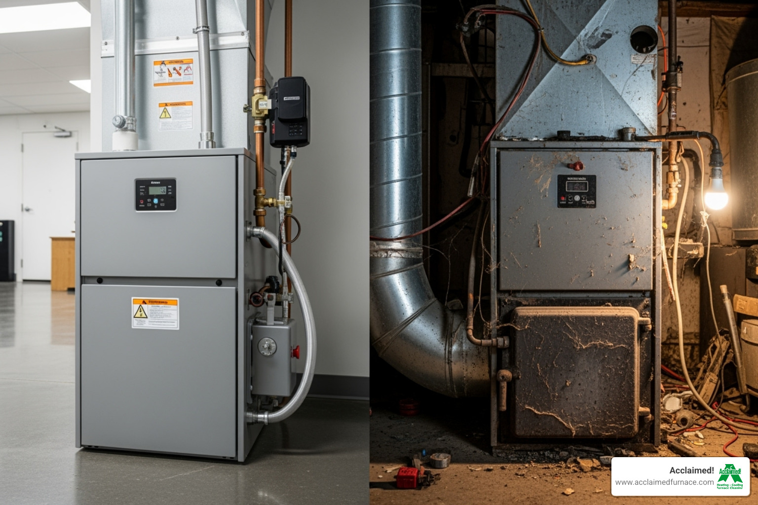 clean, well-maintained furnace contrasted with a dirty, neglected one - "My heater broke down. Can you find emergency heating repair services in Northern Alberta?"