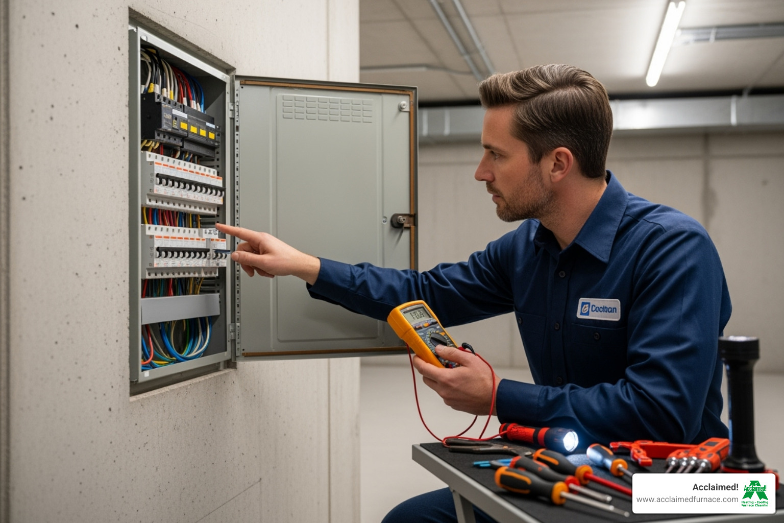 person checking a home's circuit breaker panel - "My heater broke down. Can you find emergency heating repair services in Northern Alberta?"