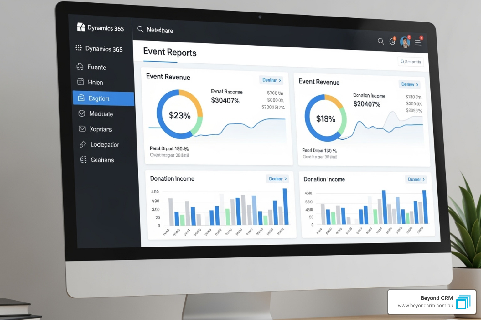 Financial report from Dynamics 365 AMS showing event revenue and donation breakdowns for Australian associations. - association management system Financial report from Dynamics 365 AMS showing event revenue and donation breakdowns for Australian associations. - association management system
