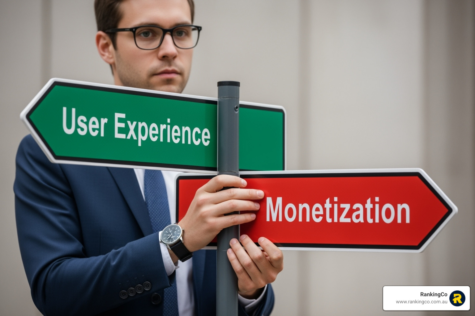 Crossroads sign pointing to User Experience and Monetisation - ChatGPT ads