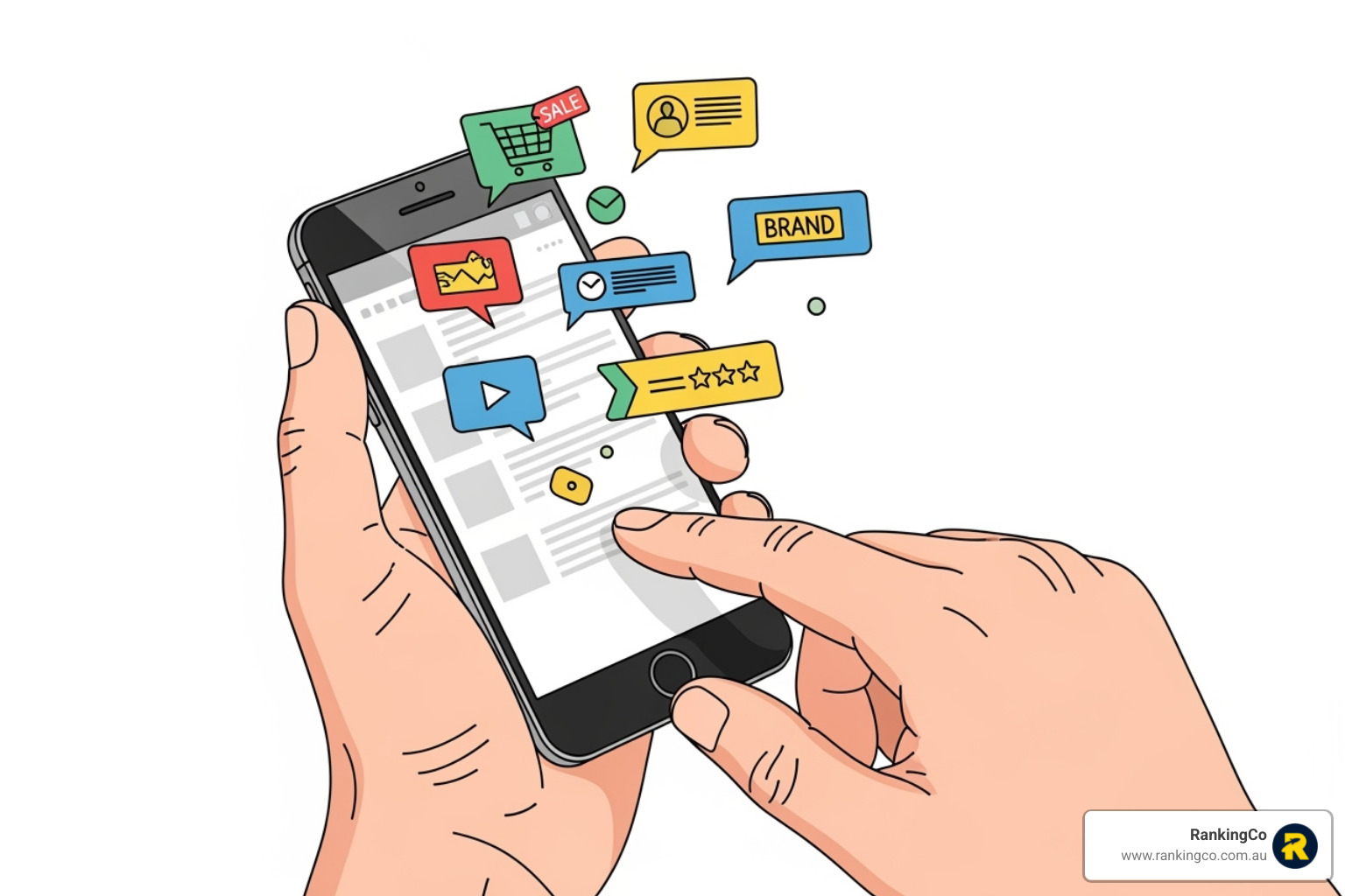 A person scrolling on a phone with small, illustrative ad bubbles appearing - ChatGPT ads