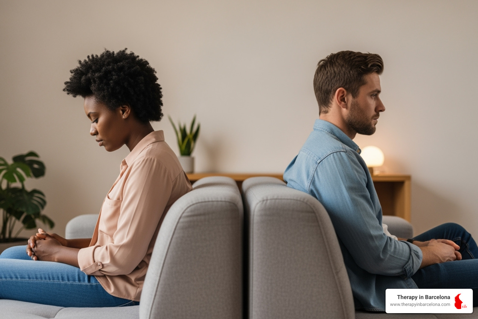 A diverse couple sitting on a sofa, looking thoughtful but not angry, with a sense of distance between them