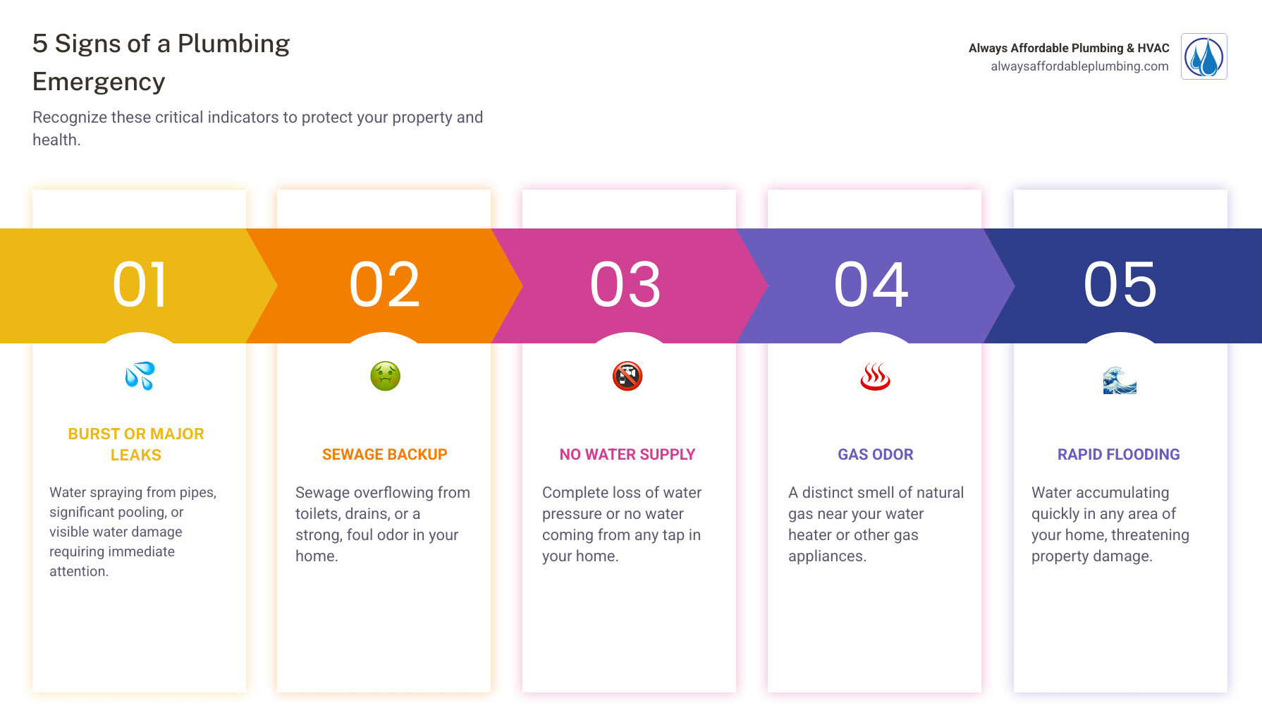 Infographic showing 5 signs of a plumbing emergency: 1. Burst or leaking pipes with visible water damage, 2. Sewage backup or strong sewage odor, 3. Complete loss of water supply, 4. Gas smell near water heater or appliances, 5. Flooding or rapidly accumulating water - I need an emergency plumber in Sacramento, CA right now. Who is available 24/7? infographic pillar-5-steps