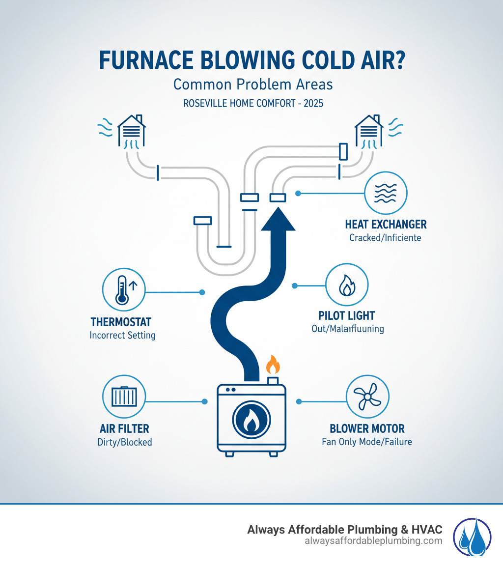 infographic showing the path of heated air from a gas furnace through ductwork to home vents, with callouts for common problem areas like the thermostat, air filter, pilot light, heat exchanger, and blower motor - My furnace is blowing cold air. Can you find me some companies in the Roseville area that do gas furnace repair? infographic 