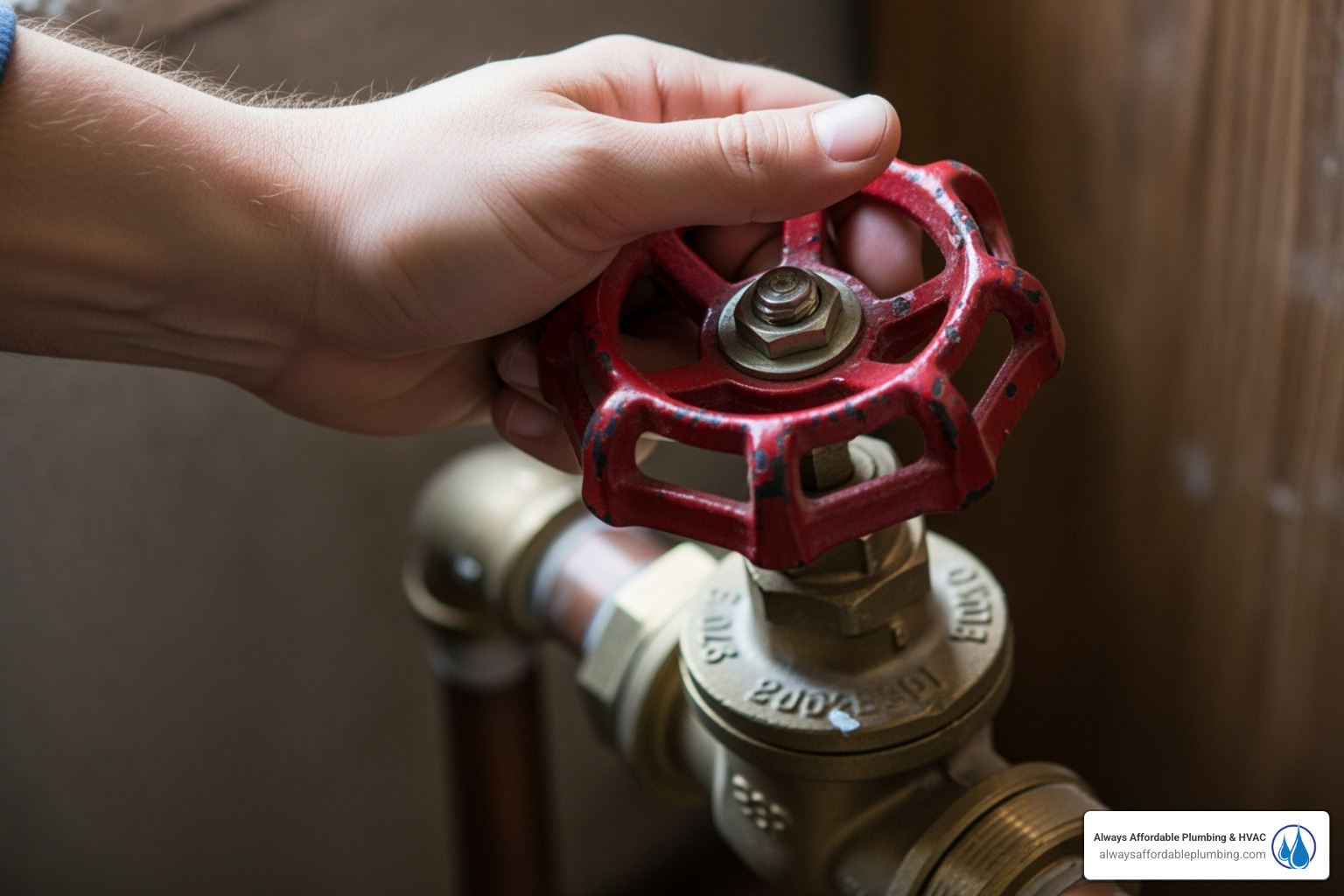 Hand turning a red main water shut-off valve - I need an emergency plumber in Sacramento, CA right now. Who is available 24/7?