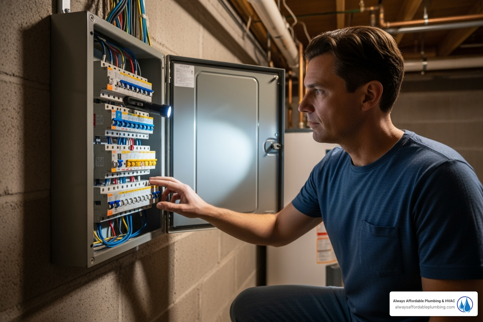 a homeowner checking a circuit breaker panel - My furnace is blowing cold air. Can you find me some companies in the Roseville area that do gas furnace repair?