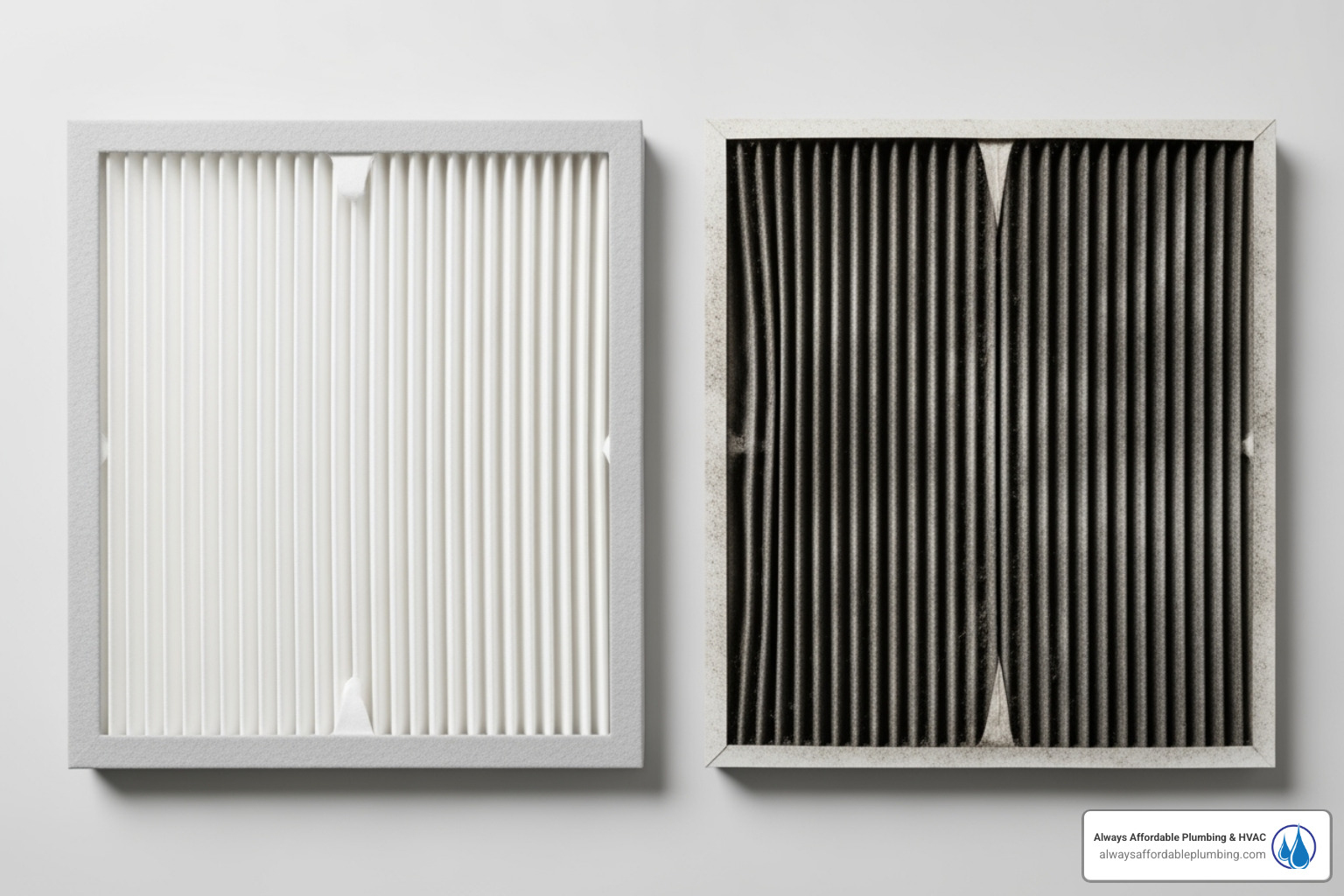 A clean AC filter next to a dirty one - "My AC is blowing warm air. Who are the best companies for AC repair in Folsom, CA?