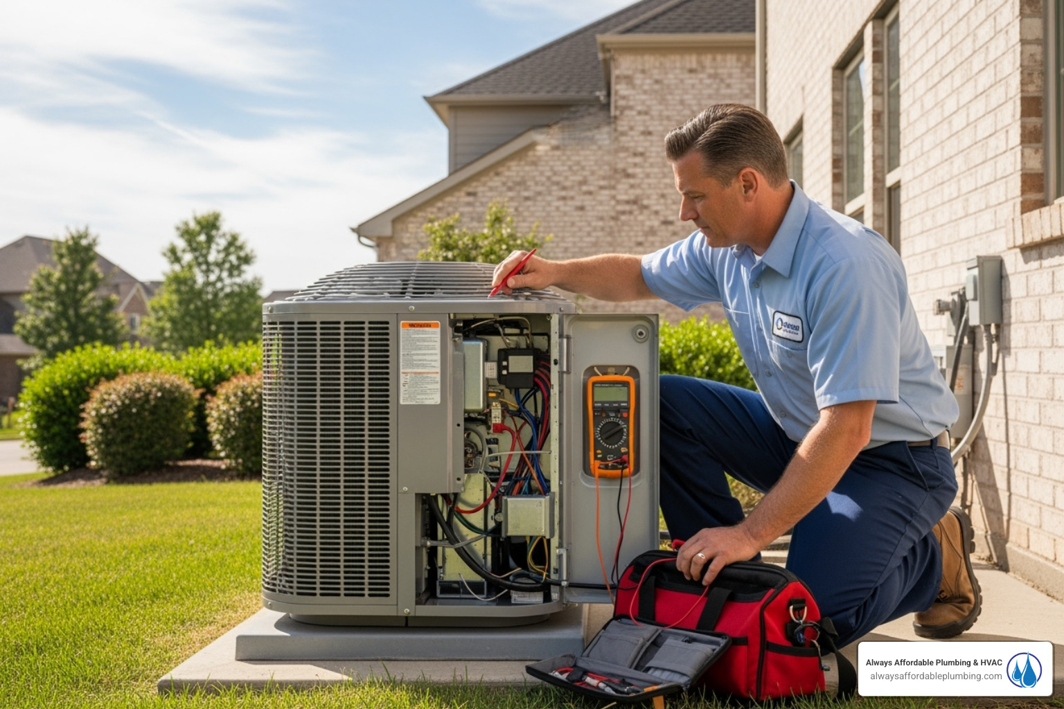 A technician inspecting an outdoor AC unit - "My AC is blowing warm air. Who are the best companies for AC repair in Folsom, CA?