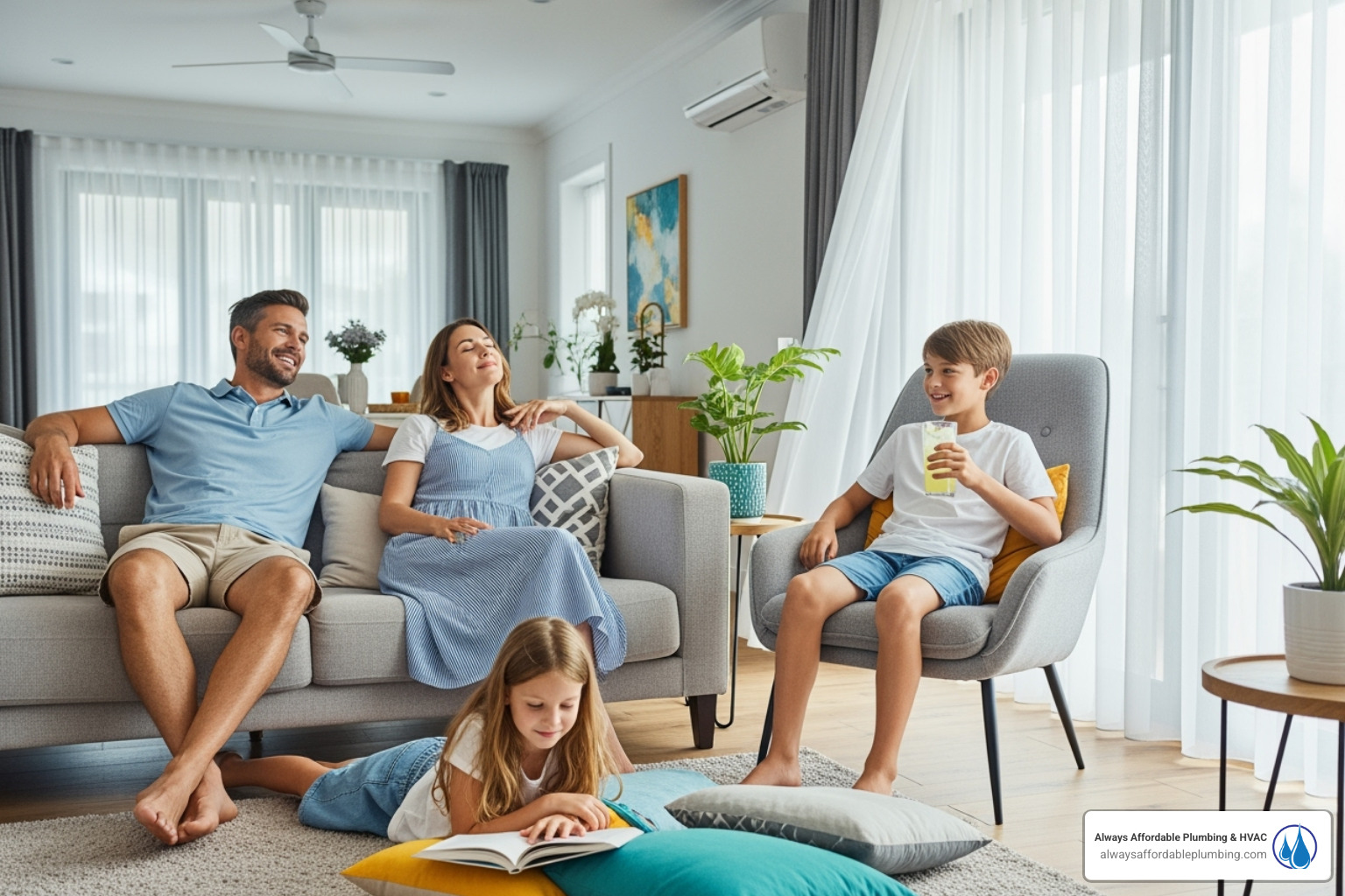 A happy family enjoying a cool home - "My AC is blowing warm air. Who are the best companies for AC repair in Folsom, CA?