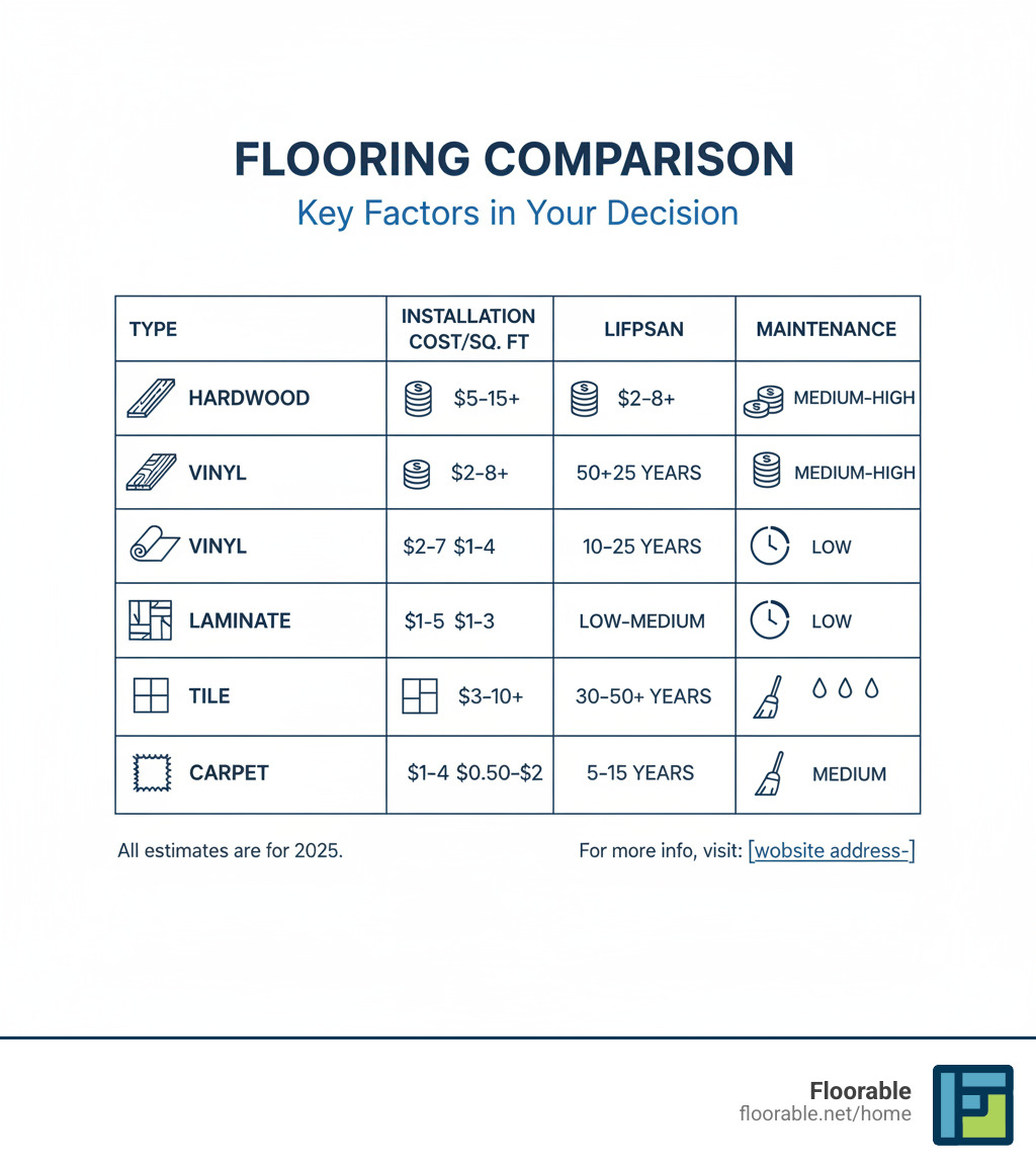 Table comparing Hardwood, Vinyl, Laminate, Tile, and Carpet on: Initial Cost/Sq. Ft., Professional Installation Cost, Lifespan, and Maintenance Level - flooring infographic 