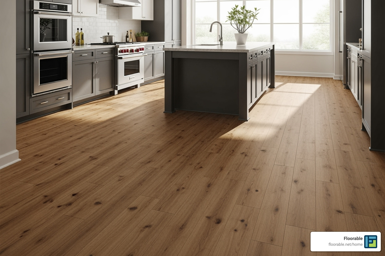 of a luxury vinyl plank floor in a stylish kitchen - flooring