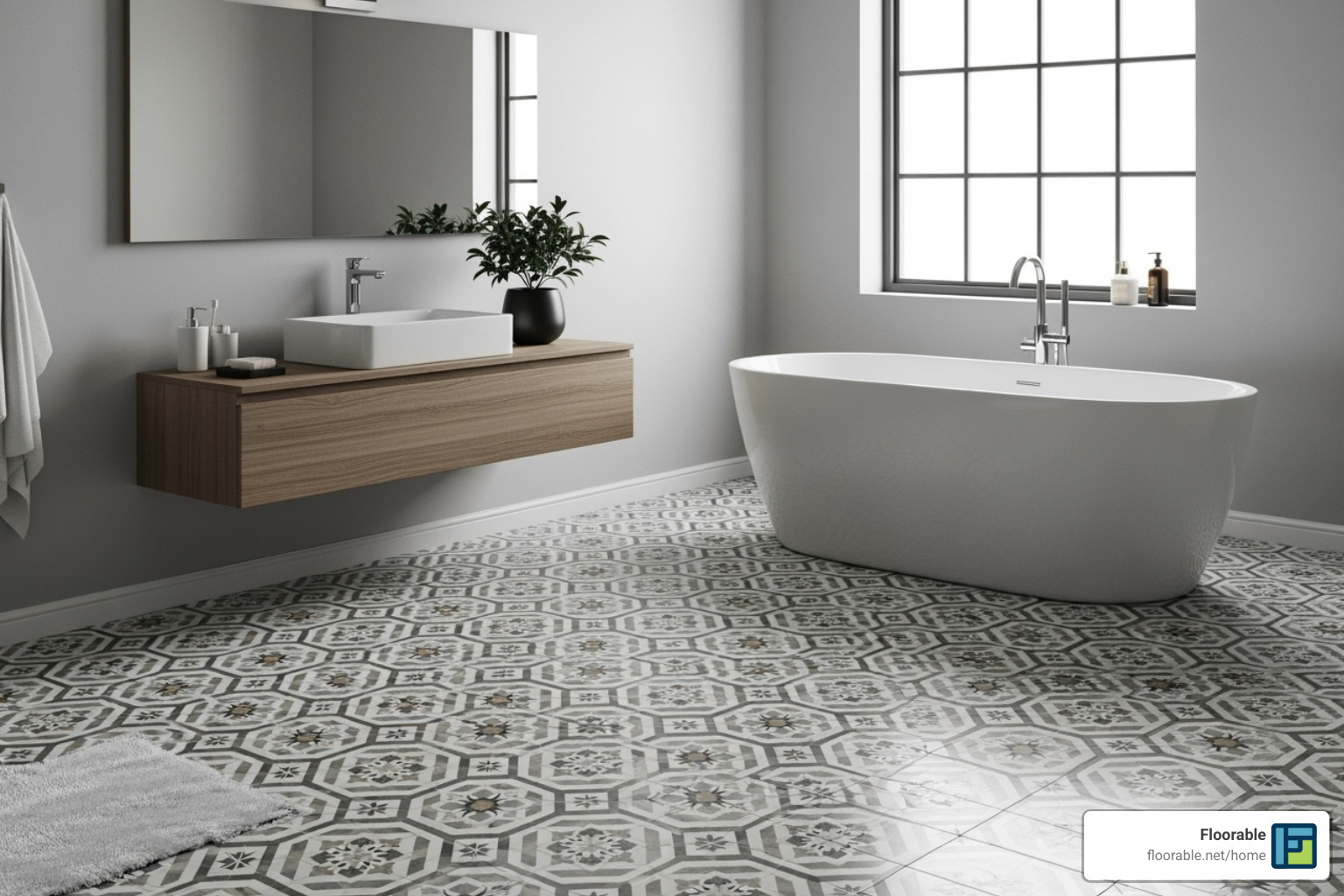 of a patterned porcelain tile floor in a bathroom - flooring