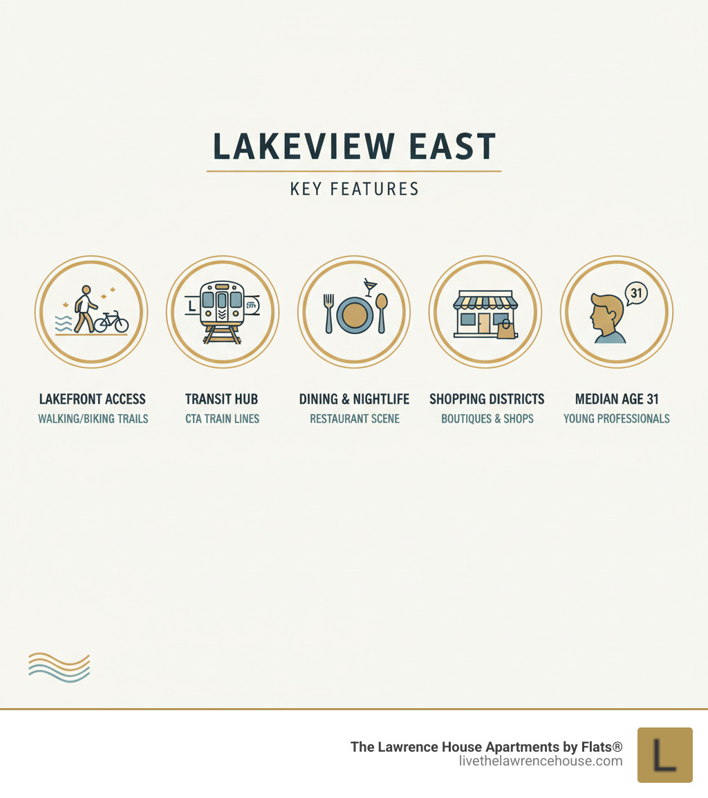 Infographic showing Lakeview East key features: lakefront access with walking/biking trails icon, transit hub with CTA train lines icon, dining and nightlife with restaurant icon, shopping districts with storefront icon, and median age 31 with young professional icon - lakeview east 1 bedroom infographic 