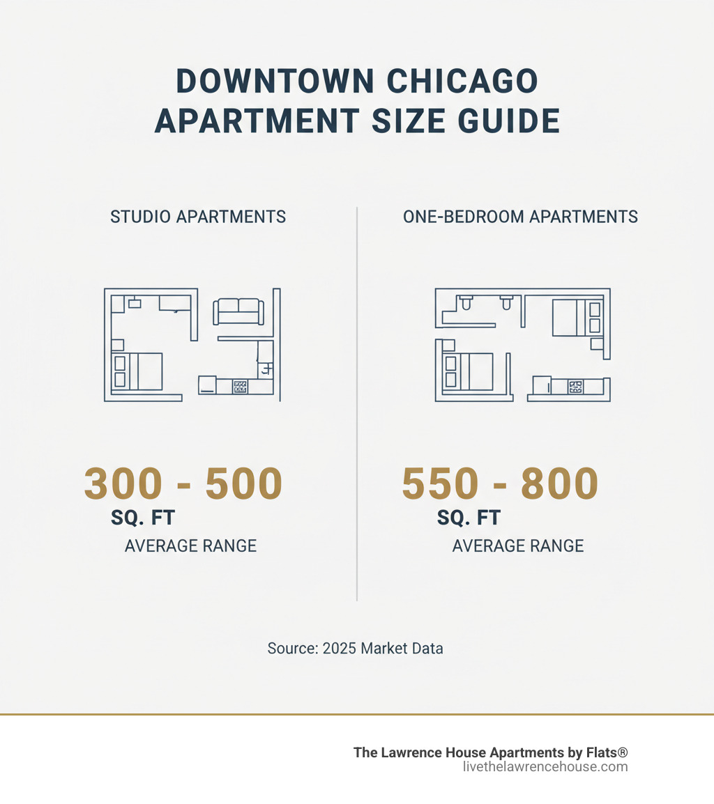 infographic comparing the general square footage ranges for studio vs. one-bedroom apartments in Downtown Chicago - studio apartments for rent downtown chicago infographic 