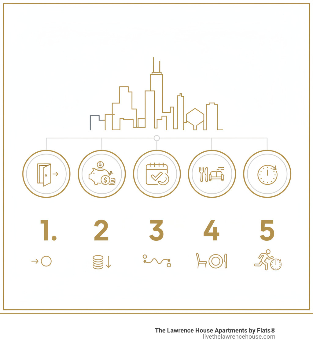 infographic showing the key benefits of furnished studio apartments in chicago: immediate move-in availability, flexible lease terms from 30 days to multiple years, fully equipped kitchens and living spaces, and time savings on setup and coordination - furnished studio apartments chicago infographic 