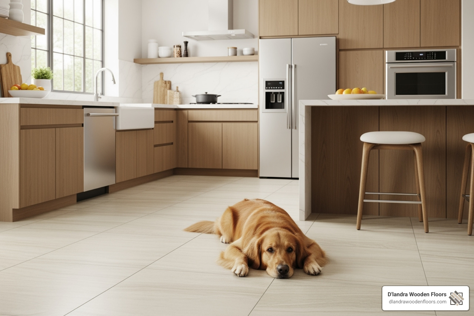 clean, modern kitchen with porcelain tile flooring and a dog - best flooring for dogs
