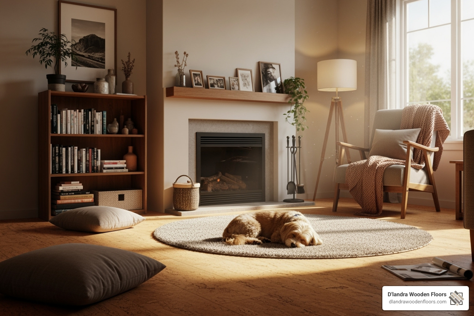 cozy living room with cork flooring and a small dog sleeping - best flooring for dogs