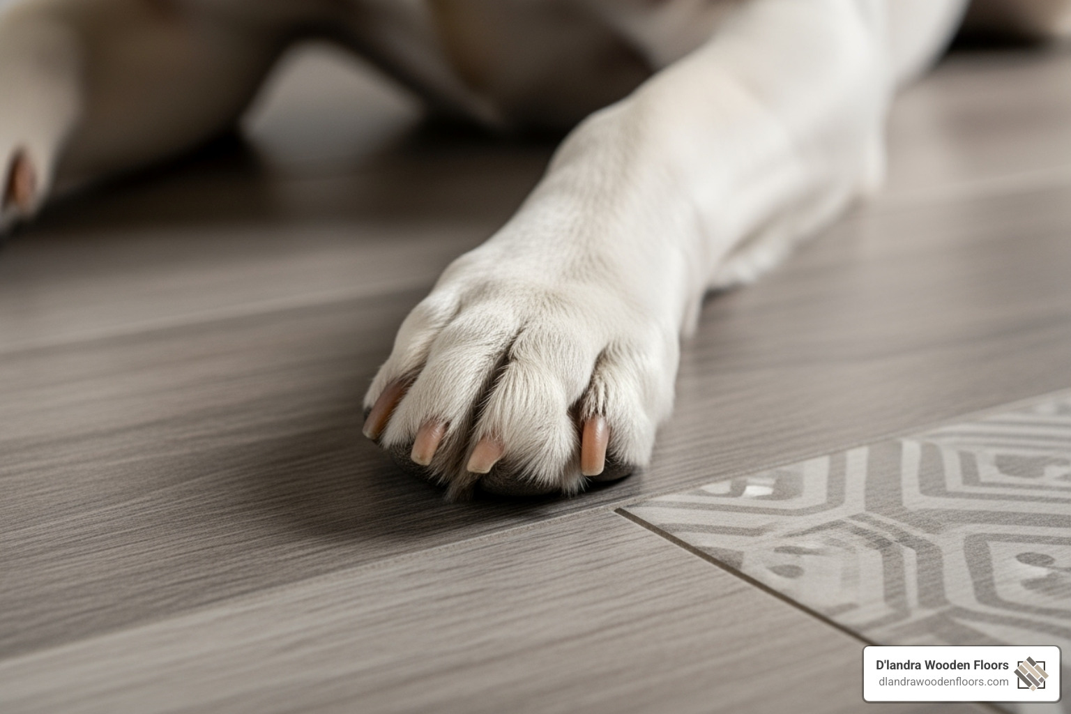 dog's paw next to a durable, textured floor surface - best flooring for dogs