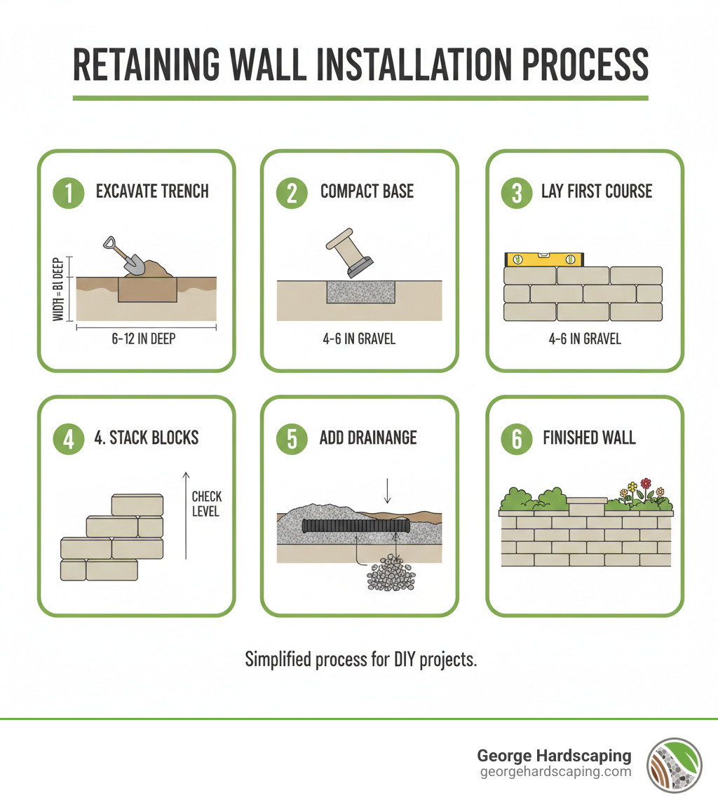 Infographic showing the complete retaining wall installation process: 1) excavated trench with measurements, 2) compacted gravel base layer, 3) first course of blocks being leveled, 4) stacked courses in running bond pattern, 5) drainage pipe and gravel backfill placement, 6) finished wall with capstones and landscaping - how to install a retaining wall blocks infographic 