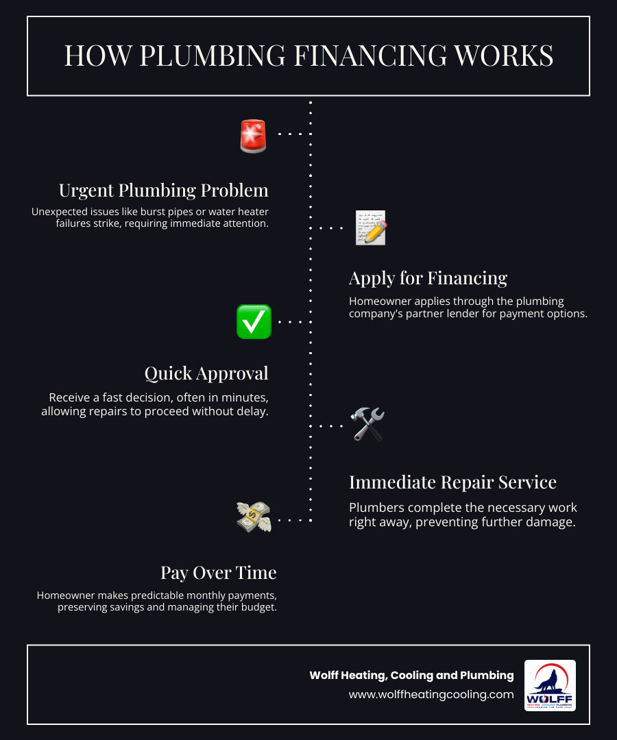 Infographic showing how plumbing financing works: Urgent plumbing problem occurs, homeowner applies for financing through plumbing company's partner lender, receives quick approval decision, plumber completes work immediately, homeowner pays over time with predictable monthly payments instead of full cost upfront, preserving emergency savings and avoiding further damage from delayed repairs - plumbing payment plans albuquerque infographic infographic-line-5-steps-dark