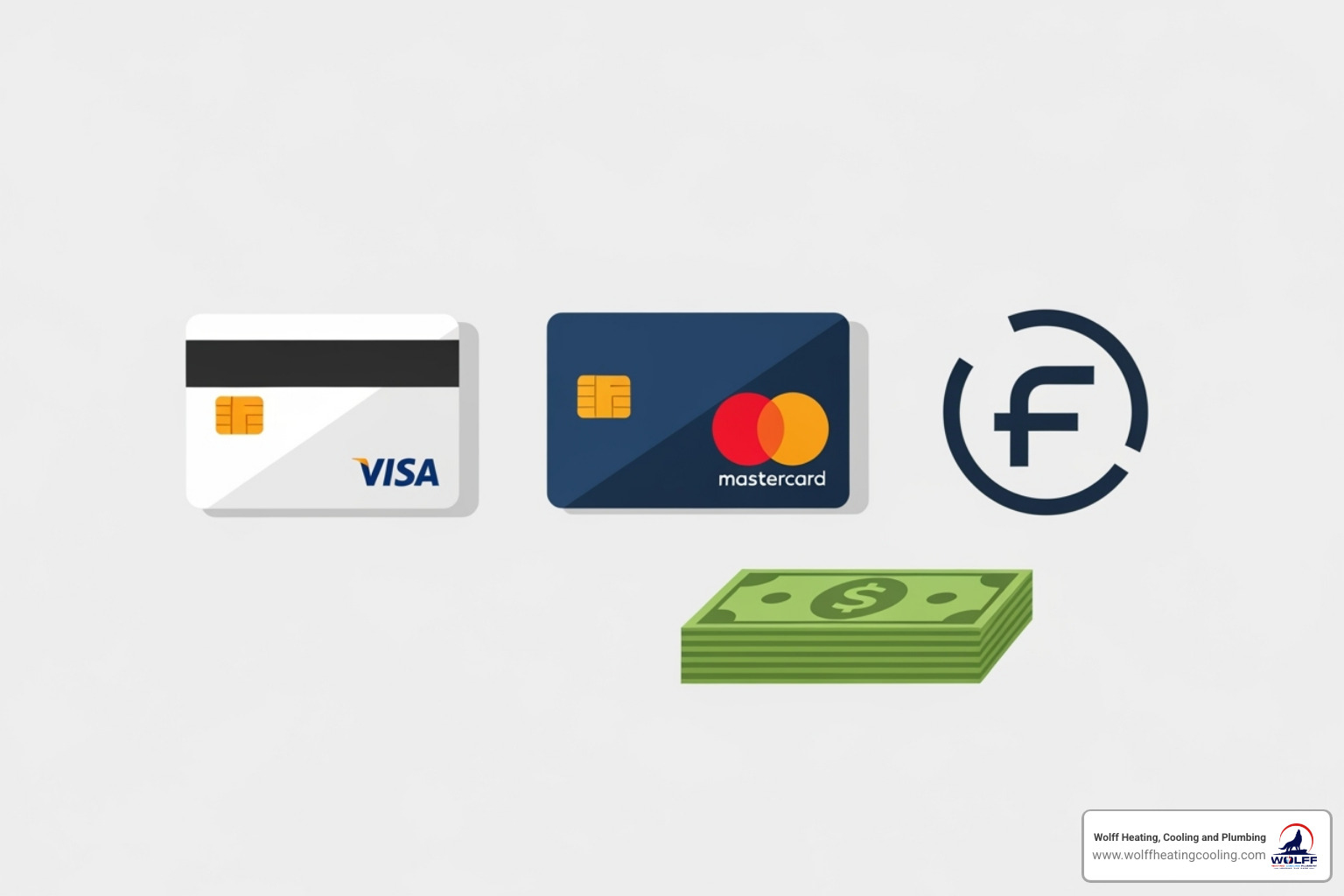 payment method icons including credit cards, cash, and a financing logo - plumbing payment plans albuquerque