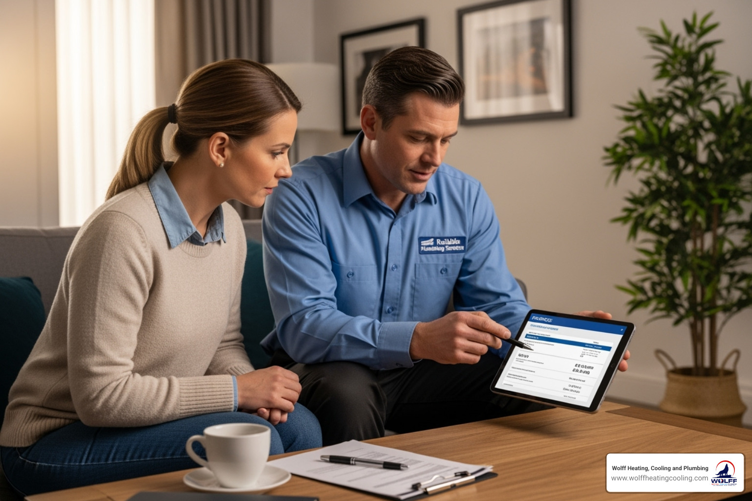 a homeowner and a plumber reviewing financing documents on a tablet - plumbing payment plans albuquerque
