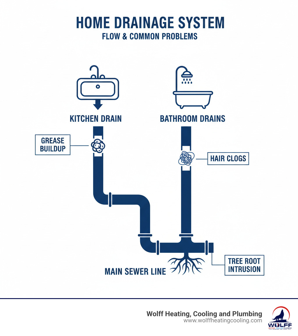 infographic showing home drainage system flow from kitchen sink, bathroom fixtures, and toilets through drain pipes to the main sewer line, with labels indicating common problem areas like grease buildup in kitchen drains, hair clogs in bathroom drains, and tree root intrusion in main sewer lines - drain maintenance albuquerque infographic infographic showing home drainage system flow from kitchen sink, bathroom fixtures, and toilets through drain pipes to the main sewer line, with labels indicating common problem areas like grease buildup in kitchen drains, hair clogs in bathroom drains, and tree root intrusion in main sewer lines - drain maintenance albuquerque infographic
