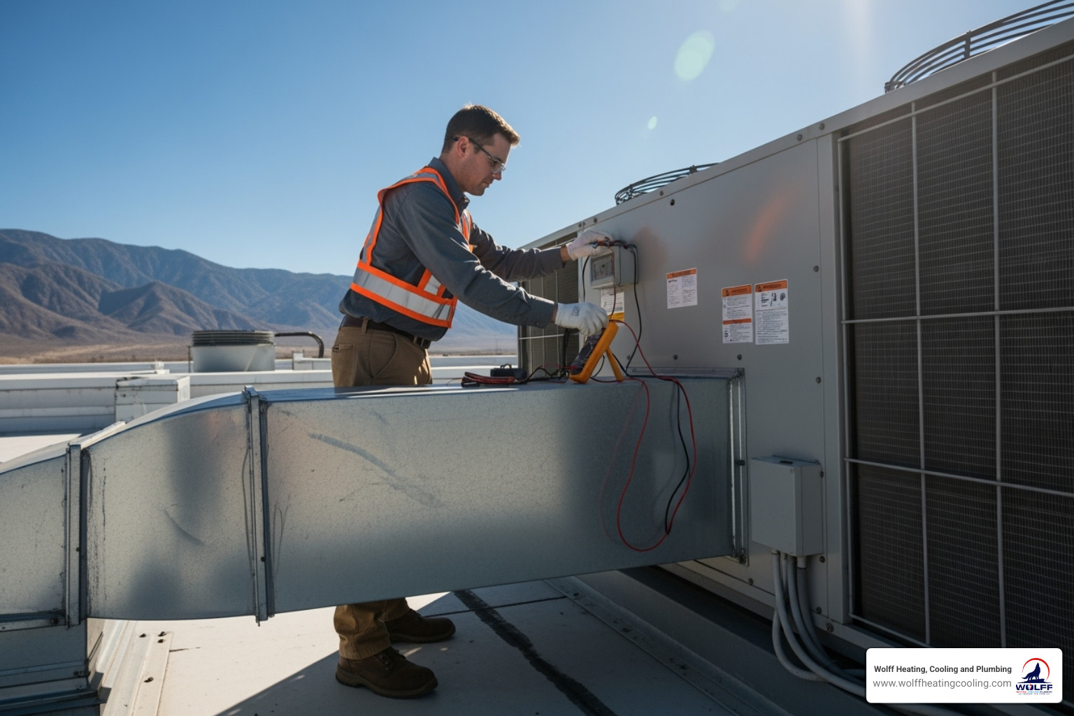 image of a technician performing a check-up on a commercial HVAC unit - commercial hvac service rio rancho image of a technician performing a check-up on a commercial HVAC unit - commercial hvac service rio rancho