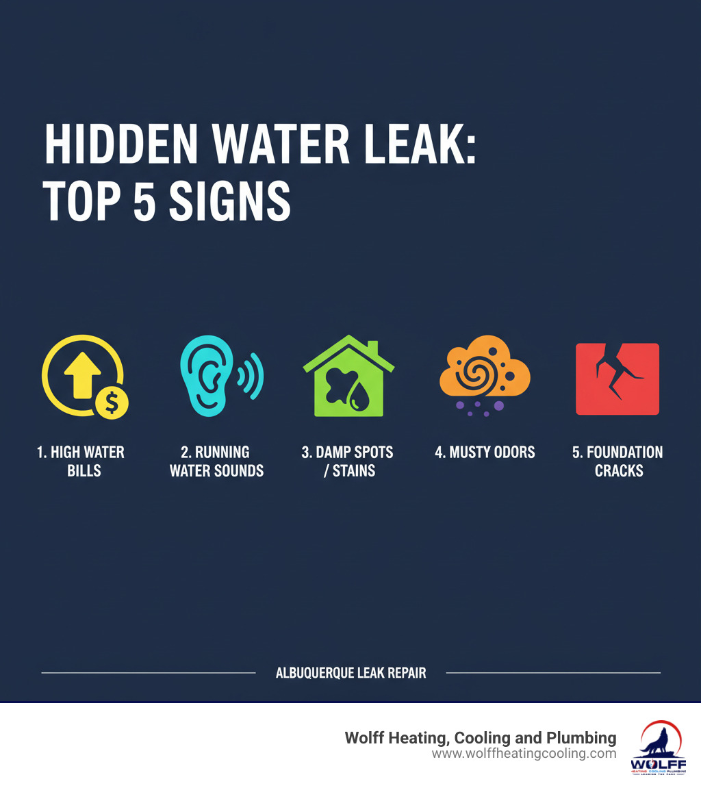 Infographic showing the top 5 signs of a hidden water leak: 1. Unexplained spike in water bills, 2. Sound of running water when all fixtures are off, 3. Damp spots or water stains on walls, ceilings, or floors, 4. Musty or moldy odors in specific areas, 5. Visible foundation cracks or shifting - leak repair albuquerque nm infographic Infographic showing the top 5 signs of a hidden water leak: 1. Unexplained spike in water bills, 2. Sound of running water when all fixtures are off, 3. Damp spots or water stains on walls, ceilings, or floors, 4. Musty or moldy odors in specific areas, 5. Visible foundation cracks or shifting - leak repair albuquerque nm infographic