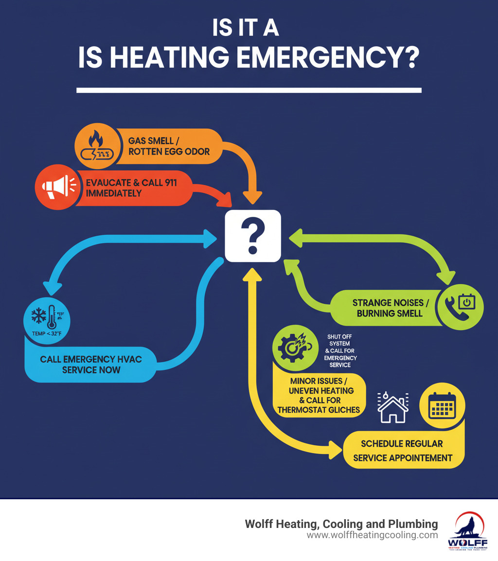 Infographic showing a decision flowchart titled "Is It a Heating Emergency?" with four main branches: 1) Gas smell or rotten egg odor leads to "Evacuate and call 911 immediately", 2) No heat with temps below 32°F leads to "Call emergency HVAC service now", 3) Strange noises with burning smell leads to "Shut off system and call for emergency service", 4) Minor issues like uneven heating or thermostat glitches lead to "Schedule regular service appointment" - emergency heating repair albuquerque infographic Infographic showing a decision flowchart titled "Is It a Heating Emergency?" with four main branches: 1) Gas smell or rotten egg odor leads to "Evacuate and call 911 immediately", 2) No heat with temps below 32°F leads to "Call emergency HVAC service now", 3) Strange noises with burning smell leads to "Shut off system and call for emergency service", 4) Minor issues like uneven heating or thermostat glitches lead to "Schedule regular service appointment" - emergency heating repair albuquerque infographic