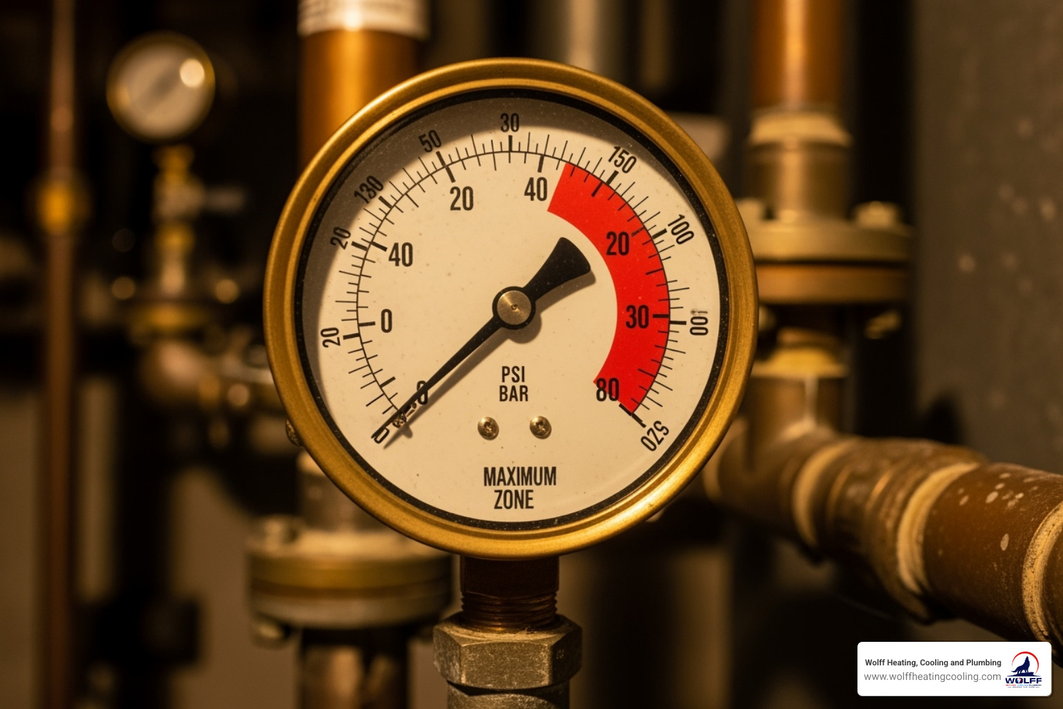 A boiler's pressure gauge in the red zone, indicating dangerously high pressure and a need for immediate repair. - boiler repair albuquerque nm