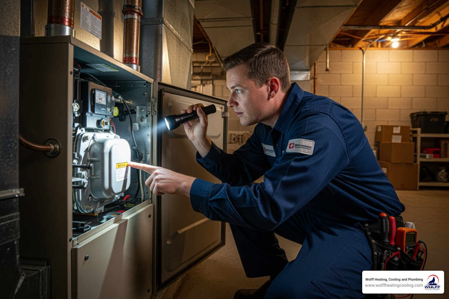 A professional HVAC technician inspecting a furnace with a flashlight, demonstrating expertise and thoroughness. - emergency heating repair albuquerque A professional HVAC technician inspecting a furnace with a flashlight, demonstrating expertise and thoroughness. - emergency heating repair albuquerque