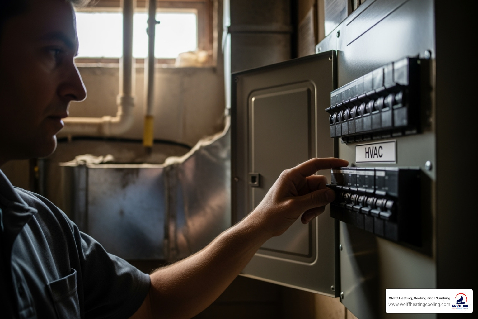 A person checking a home's circuit breaker panel to reset a tripped breaker for the HVAC system. - emergency heating repair albuquerque A person checking a home's circuit breaker panel to reset a tripped breaker for the HVAC system. - emergency heating repair albuquerque