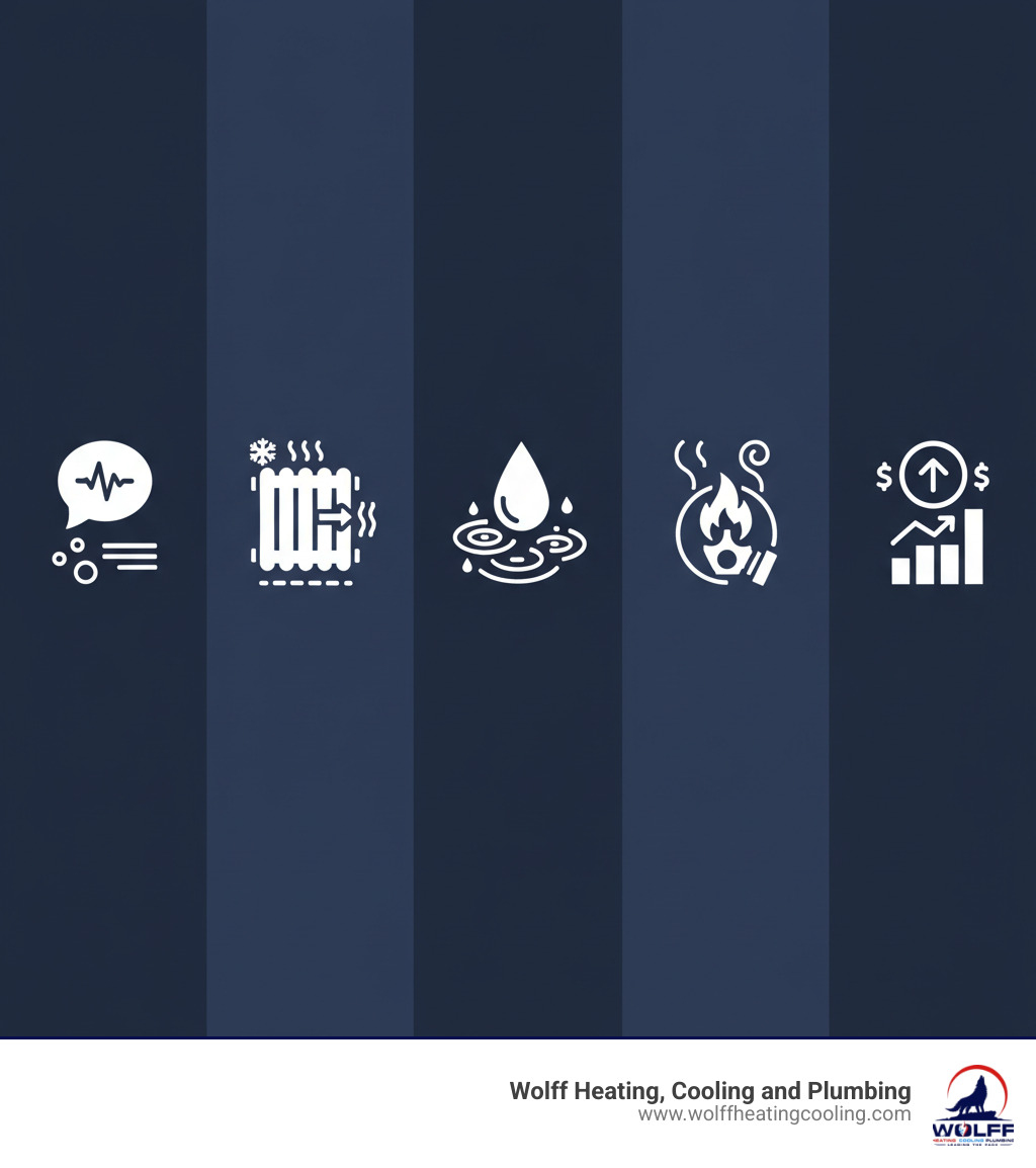 Infographic showing five key boiler warning signs: unusual noises like popping or rumbling sounds, inconsistent heating with cold radiators or floors, visible water leaks or pooling around the unit, strange burning or gas odors, and unexpectedly high energy bills indicating inefficiency - boiler repair albuquerque nm infographic 
