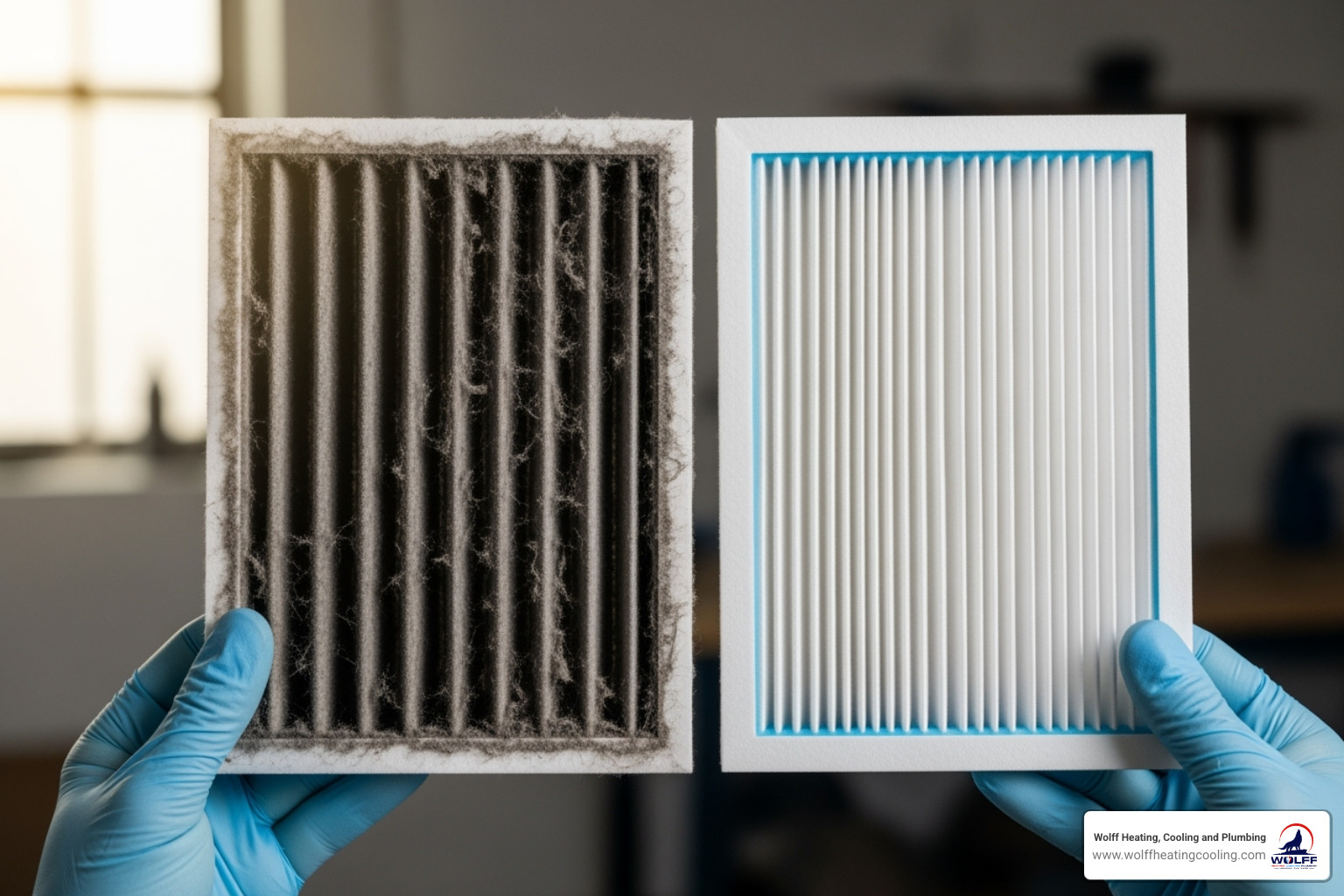 A dusty, clogged HVAC air filter held next to a new, clean one, illustrating the importance of filter changes. - hvac tune up rio rancho A dusty, clogged HVAC air filter held next to a new, clean one, illustrating the importance of filter changes. - hvac tune up rio rancho