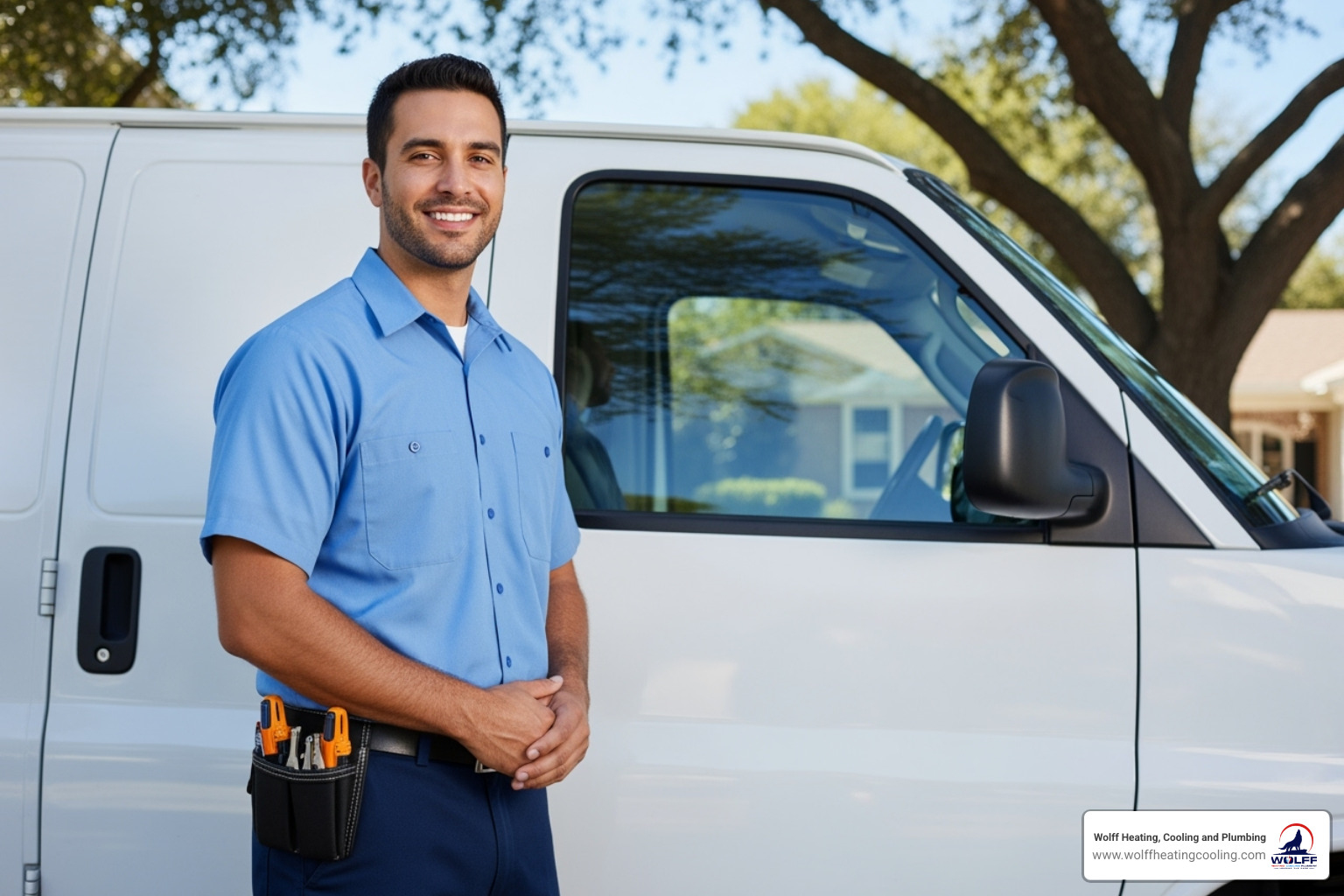A professional, friendly HVAC technician in a uniform standing next to a clean company van, ready to provide service. - hvac tune up rio rancho A professional, friendly HVAC technician in a uniform standing next to a clean company van, ready to provide service. - hvac tune up rio rancho