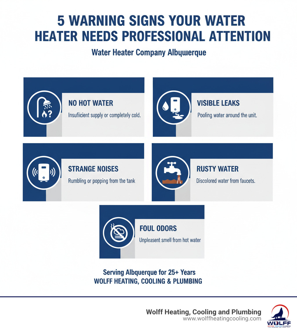 infographic showing 5 warning signs your water heater needs professional attention: no hot water or insufficient supply, pooling water or visible leaks around the unit, rumbling or popping noises from the tank, rusty or discolored water from faucets, and foul odors when running hot water - water heater company albuquerque infographic infographic showing 5 warning signs your water heater needs professional attention: no hot water or insufficient supply, pooling water or visible leaks around the unit, rumbling or popping noises from the tank, rusty or discolored water from faucets, and foul odors when running hot water - water heater company albuquerque infographic