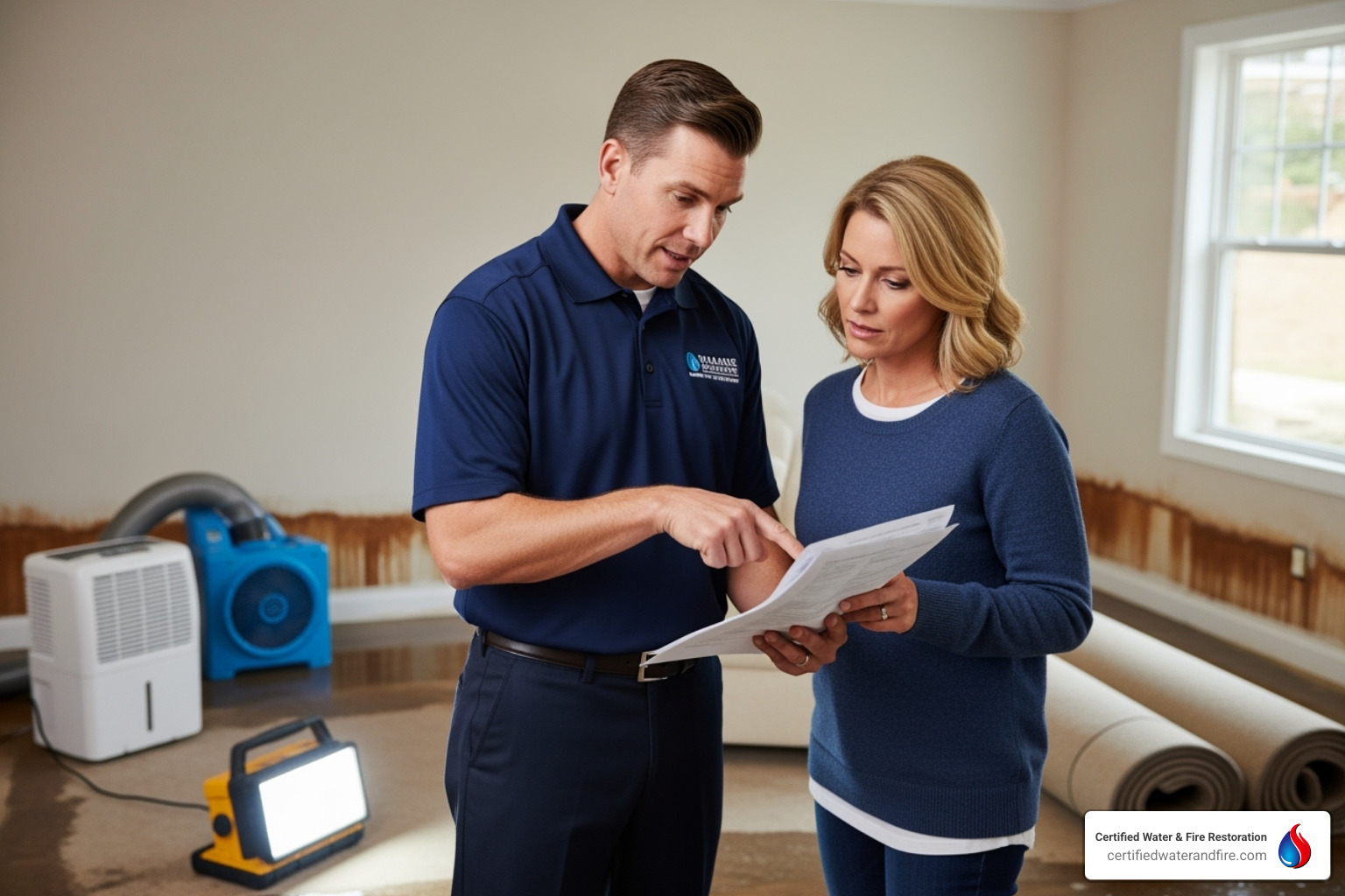 Image of a technician explaining a document to a homeowner - Emergency water company