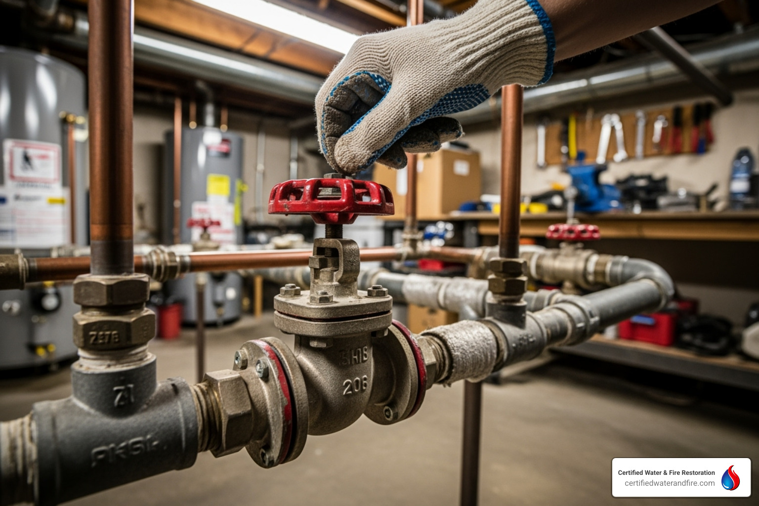 Image of a hand shutting off a main water valve - Emergency water company