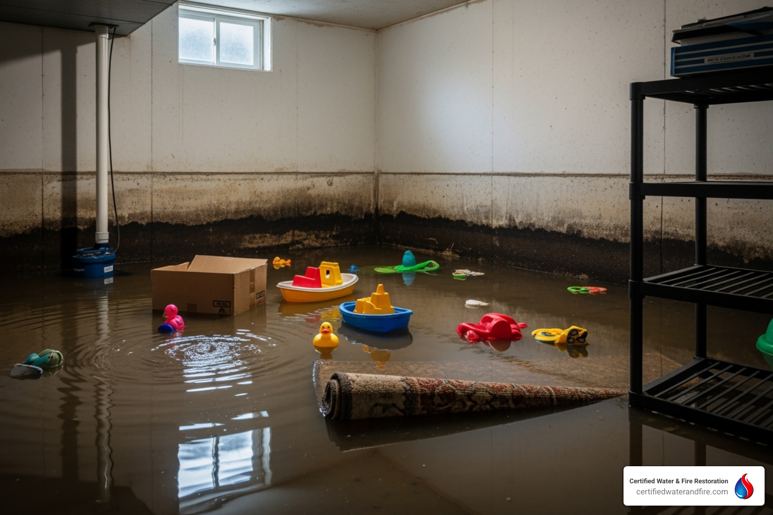 Image of a flooded basement from a storm - Emergency water company