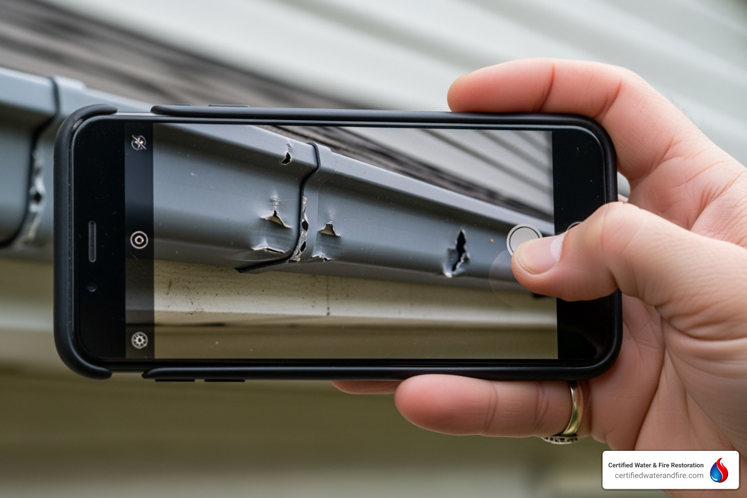 A homeowner taking a photo of a damaged gutter with a smartphone - texas hail storm damage restoration