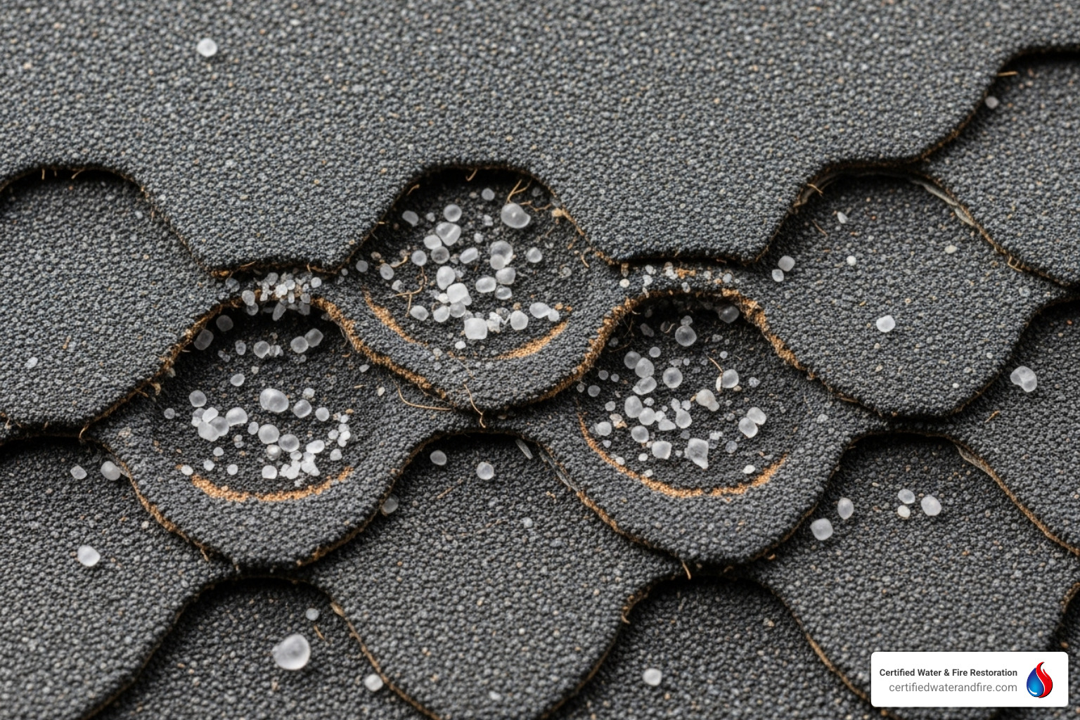 A close-up on a hail-damaged asphalt shingle showing granule loss - texas hail storm damage restoration