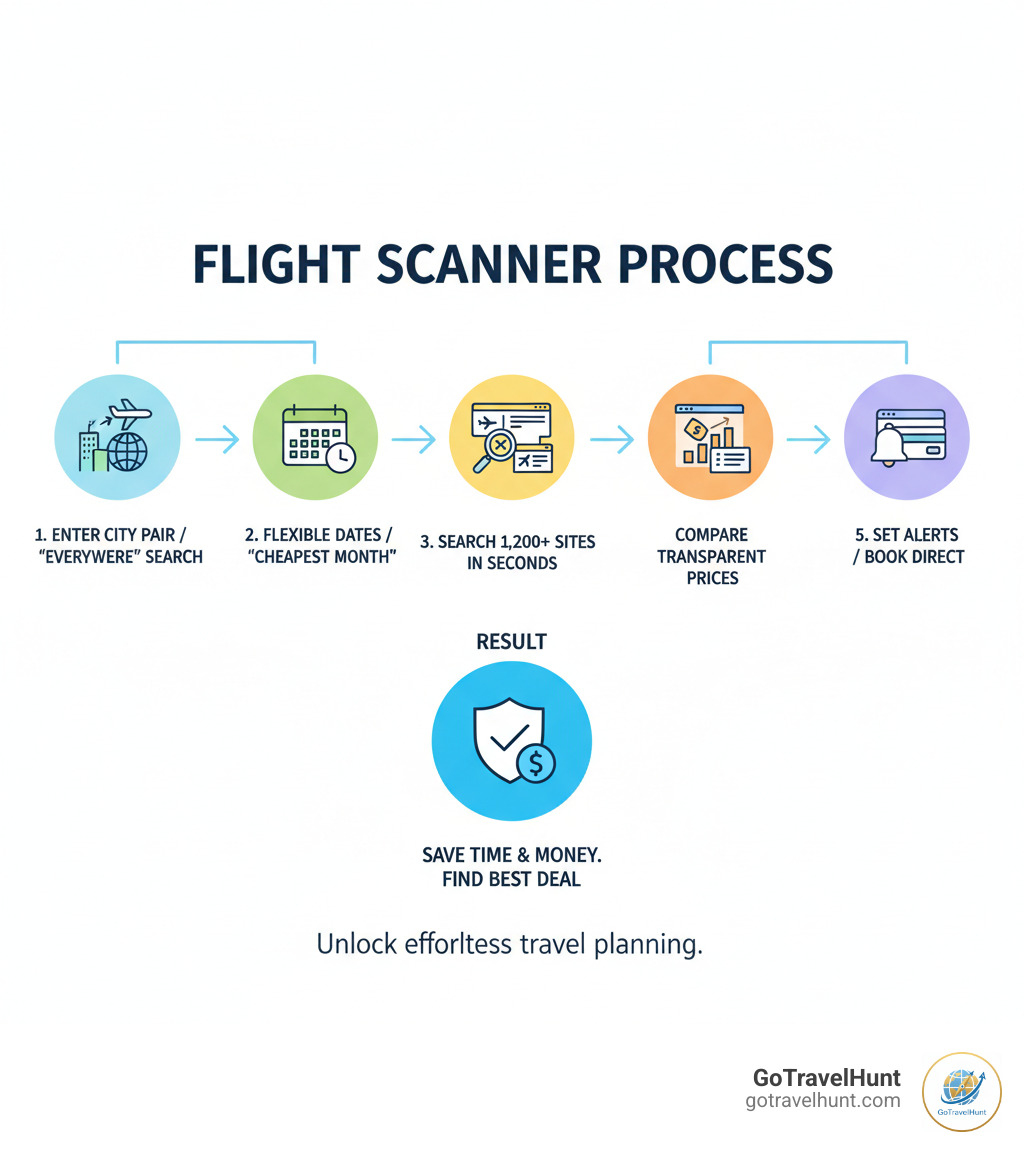 Infographic showing the flight scanner process: Step 1 - Enter your departure city and destination (or use Everywhere search). Step 2 - Select flexible dates or use Cheapest Month tool to compare prices. Step 3 - Flight scanner searches 1,200+ airlines and travel sites in seconds. Step 4 - Compare results with transparent pricing including taxes and fees. Step 5 - Set price alerts or book directly with airline or travel provider. Result: Save time and money by finding the best deal from hundreds of options in one search. - flight scanner cheap flights infographic  Infographic showing the flight scanner process: Step 1 - Enter your departure city and destination (or use Everywhere search). Step 2 - Select flexible dates or use Cheapest Month tool to compare prices. Step 3 - Flight scanner searches 1,200+ airlines and travel sites in seconds. Step 4 - Compare results with transparent pricing including taxes and fees. Step 5 - Set price alerts or book directly with airline or travel provider. Result: Save time and money by finding the best deal from hundreds of options in one search. - flight scanner cheap flights infographic