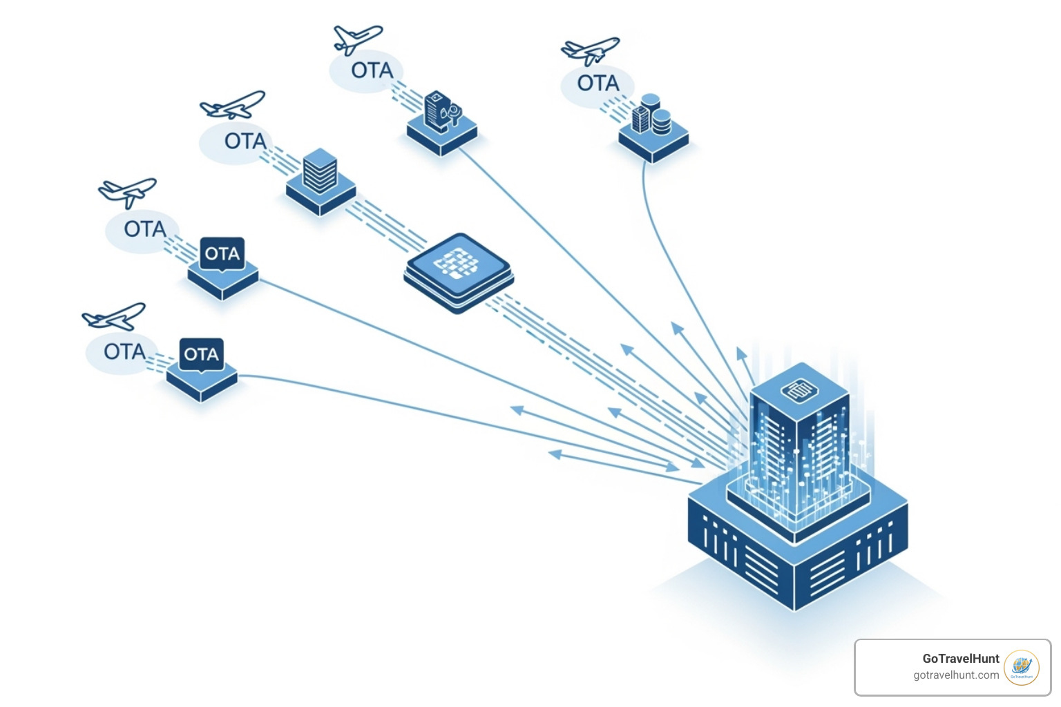 Diagram showing how a flight scanner pulls data from multiple airline and OTA websites - flight scanner cheap flights Diagram showing how a flight scanner pulls data from multiple airline and OTA websites - flight scanner cheap flights